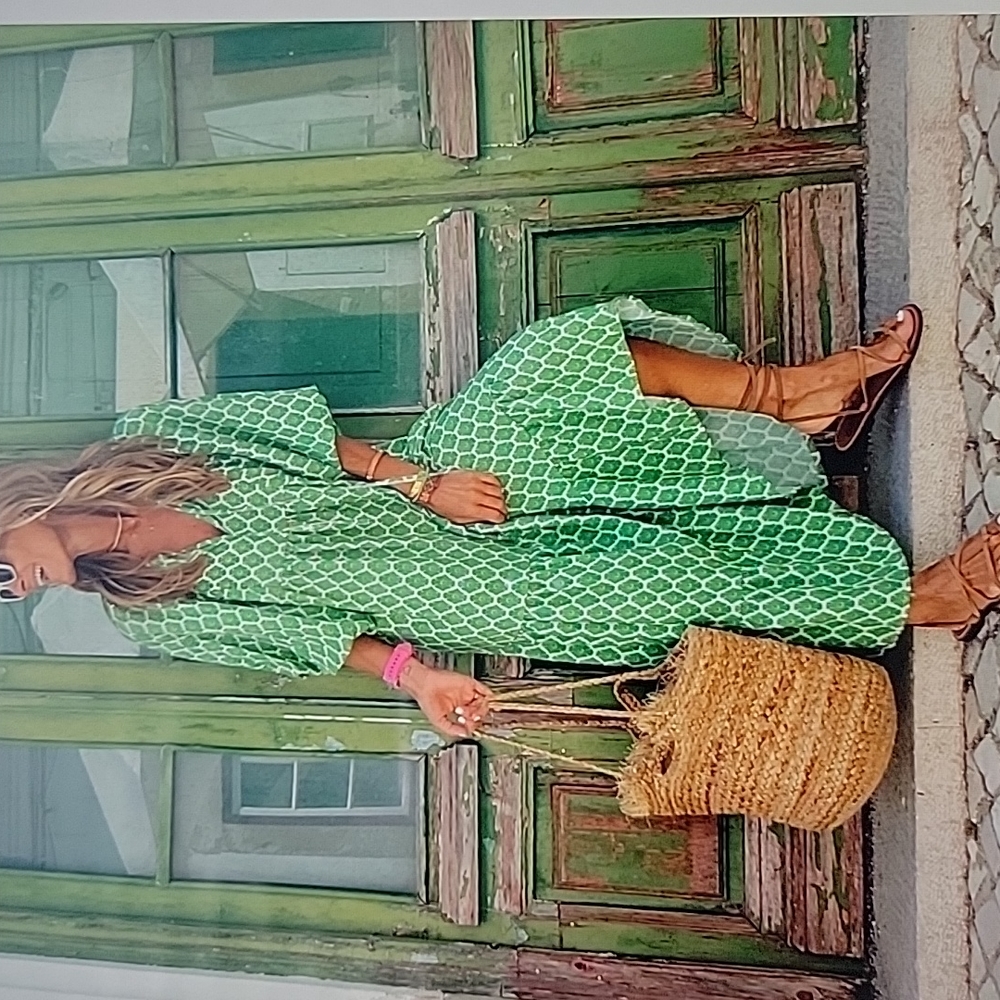 Puff Sleeve Boho Dress - Bold Green Pattern